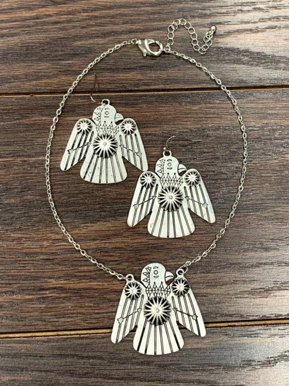 Western Thunderbird Necklace & Earrings Set Antique Silver Tone Statement